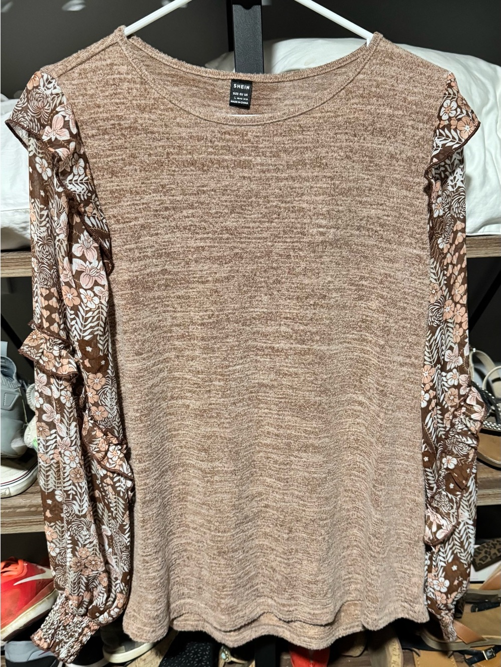 SHEIN Brown and Cream Mixed-Media Ruffle Sleeve Top